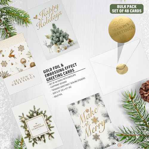 easykart labels Boxed Christmas Cards Assortment, White and Gold (48 Cards and 48 Envelopes) 6.75 x 4.5 Inch with Seal Stickers