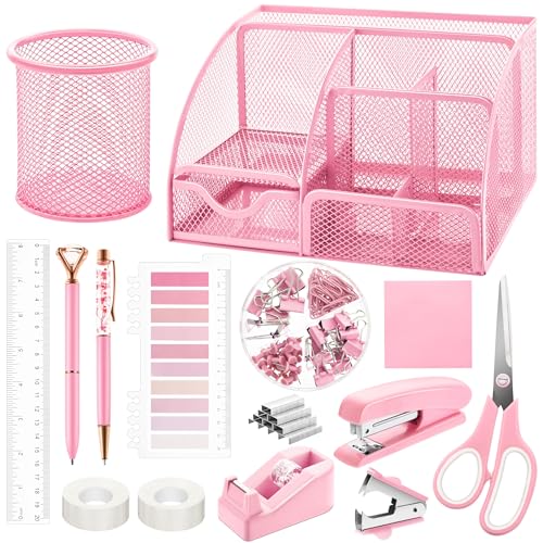 11 Pcs Pink Office Supplies Set Mesh Desk Organizer Accessories Kit Include Stapler Tape Dispenser Staple Remover Clips Ruler Scissors Sticky Notes for Office School Home Women (Pink)