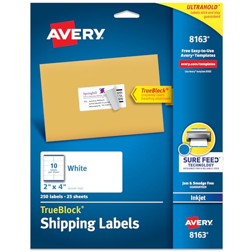 Avery 2" x 4" Printable Shipping Labels - Pack of 1, 250 Customizable White Stickers for Mailing & Packaging