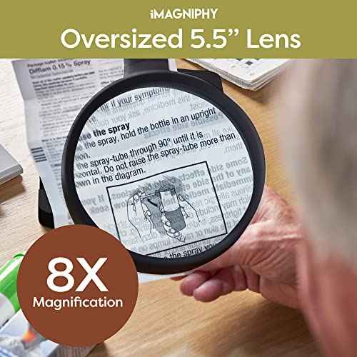 8X Desk Magnifying Light - Magnifying Glass for Reading and Crafts with 6 LEDs (No Glare, No Flickering) - Magnifying Lamp with Light and Stand, 2 Brightness Settings - Ideal for Seniors