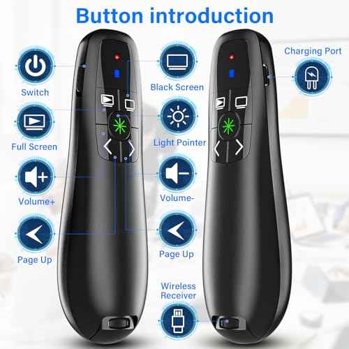 Presentation Clicker Wireless Presenter Remote Clicker, 2-in-1 USB C USB A Clicker for PowerPoint Presentations, Rechargeable Presentation Clicker with Green Light Pointer, Clicker for Class, Meeting