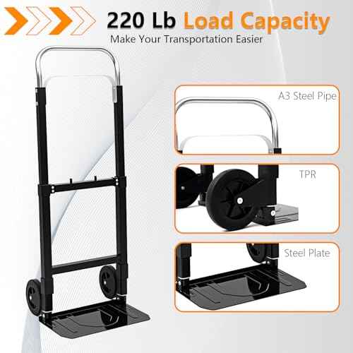 SST Folding Hand Truck with Wheels, 220 LB Capacity Portable Dolly Cart, Utility Cart with Adjustable Handle, Collapsible Dolly for Moving Travel Shopping Airport Office