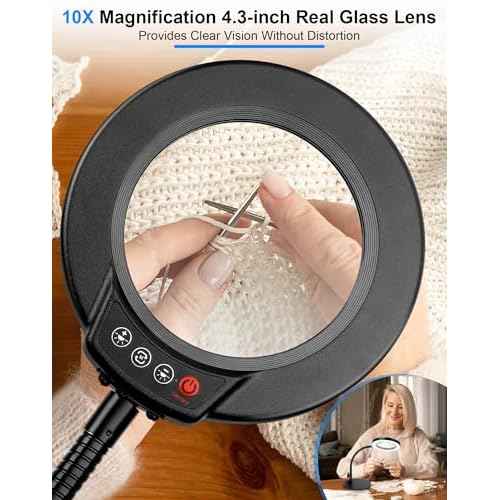 Magnifying Glass with Light and Stand, Hands Free Magnifying Lamp, 5 Color Modes 10 Dimmable Brightness, Metal Base Desk Magnifier Lamp for DIY Craft Reading Painting Sewing Hobby Detail Work
