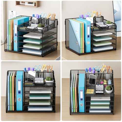 Lavatino Desk Organizer, 5-Tier Metal Mesh Paper Letter Tray with 2 File Holders & 7 Flexible Dividers for Office or Home Desk Organizers and Accessories, Keep Workspace Supplies Neat, Black