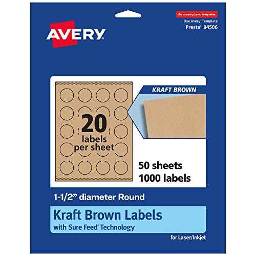 Avery Kraft Brown Round Labels, Sure Feed Technology, 1.5" Diameter, 1,000 Kraft Brown Labels, Print-to-The-Edge, Laser/Inkjet Printable