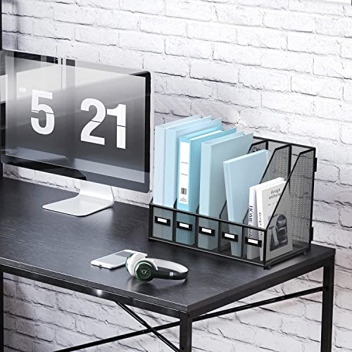 SUPEASY Small Black Metal Desk Organizer with 5 Vertical File Compartments