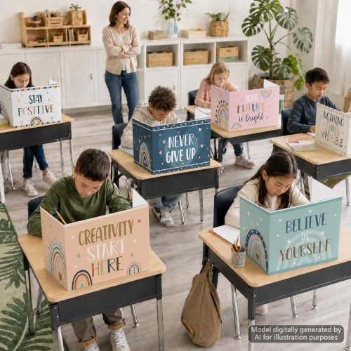 ClassyWhimsy Motivational Words 24-Pack Desk Privacy Shields for Students – Rainbow Boho Folders & Dividers