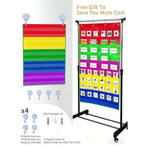 Anchor Chart Storage Rack with Casters Rolling Anchor Chart Holder for Classroom Home Educational Tools(Chart Stand with Anchor Chart In Black) (Black+4hooks+3hangers) (Rainbow)