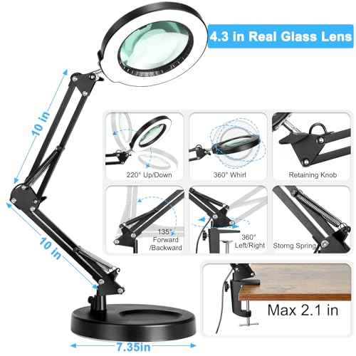 10X Magnifying Glass with Light and Stand, 5 Color Modes Stepless Dimmable 2-in-1 Lighted Magnifier with Clamp, LED Desk Lamp Hands Free for Crafts Hobby Reading Painting Sewing Close Work