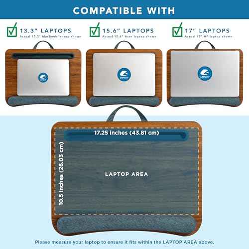 LAPGEAR Portable Laptop Lap Desk with Pillow Cushion, Anti-Slip Strip, Tablet or Phone Storage Slot, Pen and Pencil Pocket, and Wrist Rest - Espresso Woodgrain - Fits 17.3" Laptops - Style No. 91342