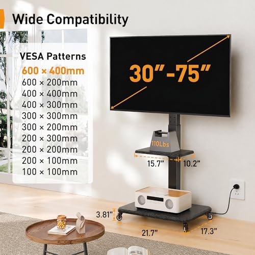 Perlegear Black Mobile TV Stand for 32-75 Inch TVs with Power Outlet & Adjustable Height
