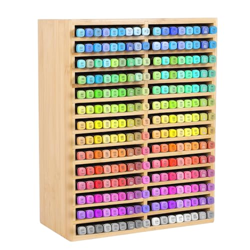 Bamboo Marker Organizer for 252 Markers, Large Wood Alcohol Marker Storage Rack Pencil Holder for Kids Classroom Desk
