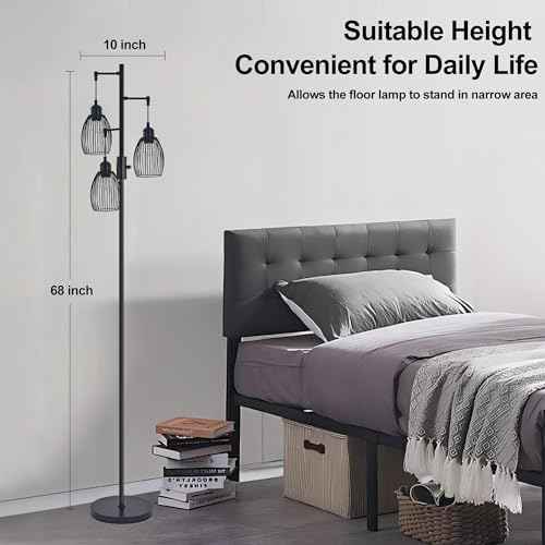 Dimmable Industrial Floor Lamps Black for Living Room with Heavy Base and 3 x 6w LED Bulbs Lamp, 68" Farmhouse Industrial Floor Lamp for Bedroom, Office, Home Decor