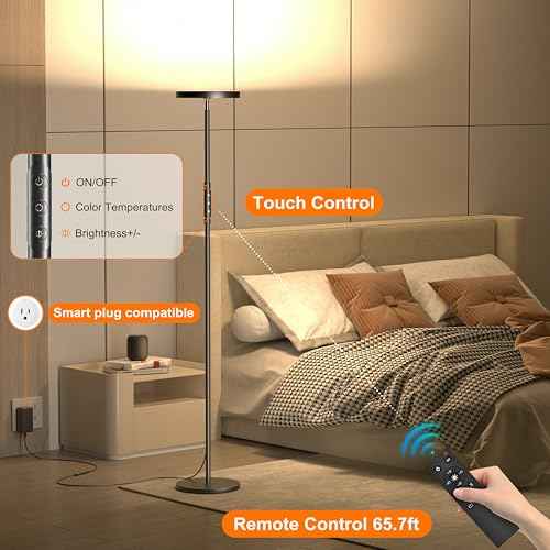Super Bright Floor Lamp for Living Room, Stepless Dimmable LED Standing Lamp with Remote and Touch Control, 69¡± Tall Torchiere Corner Lamp for Bedroom Office Hotel, Black