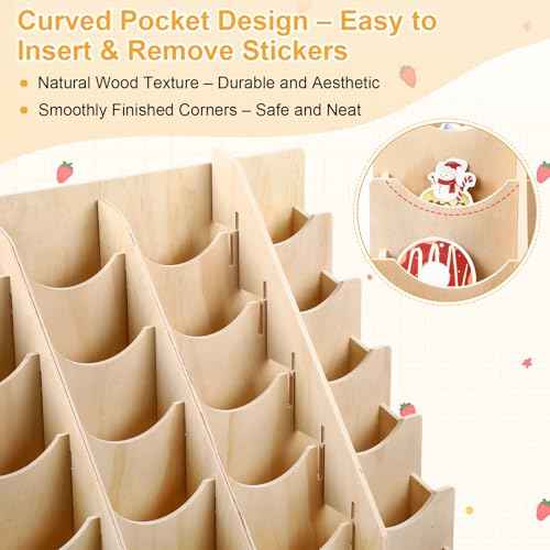36 Pocket Sticker Display Stand for 4 Inch Stickers 6 x 6 Curved Pocket Brochure Holder for Vendor Booths Craft Fairs Wooden Bookmark Organizer Rack for Small Business & Tabletop Display