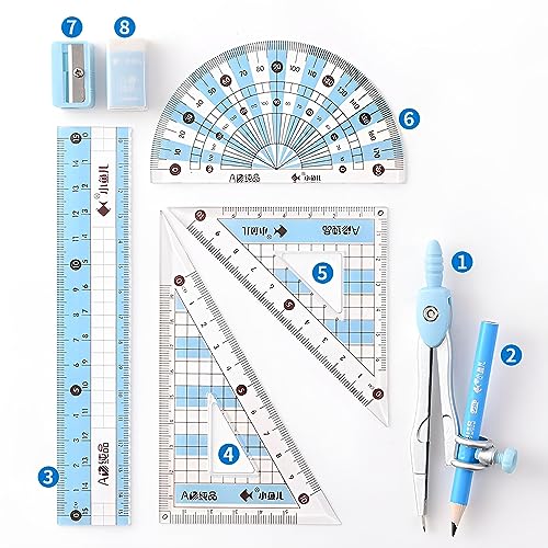 8-Piece Student Geometry Set with Shatterproof Iron Box - Ruler, Protractor, Compass, Eraser, Sharpener