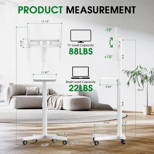 Xyndyx Rolling TV Stand 23-60 Inch White with Shelf, Adjustable Height & Tilt