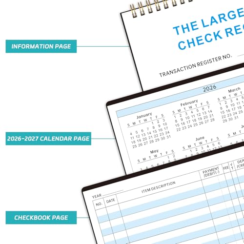 DeBiao Extra Wide Checkbook Register Book - Green, Large Print, 8.5 x 6 Spiral