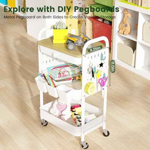 danpinera Rolling Utility Cart with Drawer, 3 Tier Rolling Cart with Wheels, Hooks & Hanging Cups, Craft Cart Art Cart Snack Cart Rolling Storage Cart with Wooden Table Top & DIY Pegboards, White