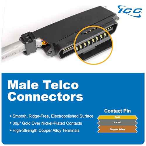 ICC Male to Male 25 Pair Telco Cable 10ft - Cat3 24AWG, 100% Solid Pure Copper, Gray Riser CMR Cable with 90 Degree 50 Pin Telco Connector for Voice and Low Data PBX Applications, 10 Feet