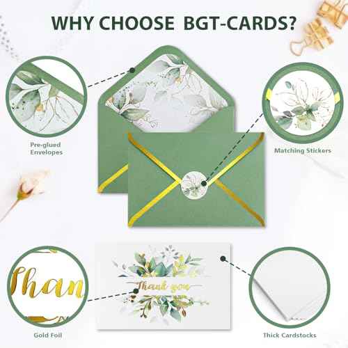 Luxurious Gold Thank You Cards with Envelopes, 32 Pack eucalyptus Blank Cards All Occasion Thank You Notes Perfect for Wedding, Baby shower, Business, Graduation, Bridal shower 6" x 4"