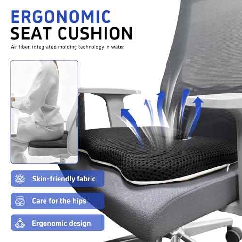 Gooo&Ma Ergonomic Seat Cushion with Air Fiber Core, Office Chair Cushion with Washable Cover & Non-Slip Base for Pressure Relief, Comfort for Long Sitting, Driving, Gaming(Black)