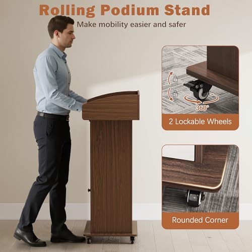 Qriocioa Brown & White Podium Stand with Wheels, Wooden Lectern with Storage
