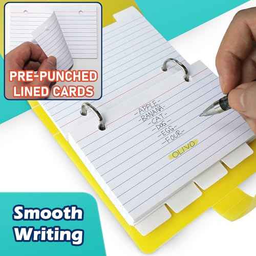 3x5 Lined Index Cards with Ring Binder Holder and Dividers, 100 Ruled Cards, Black