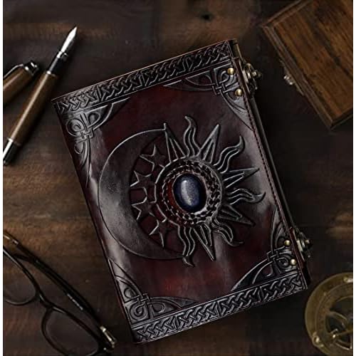 cuero C Leather Sun and Moon Embossed with Beautiful Blue Stone Journal Diary Notebook, Planner, Organizer, Sketchbook, Blank Book Journal (Sun and Moon)
