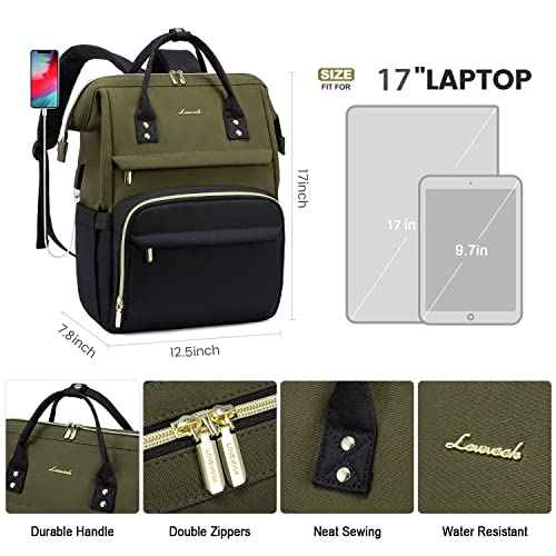 LOVEVOOK Laptop Backpack for Women, 17-inch Large Capacity Fashion Work Computer Backpacks, Travel Business Bags Purse, Teacher Doctor Nurse Backpack with USB Port, Army Green-Black