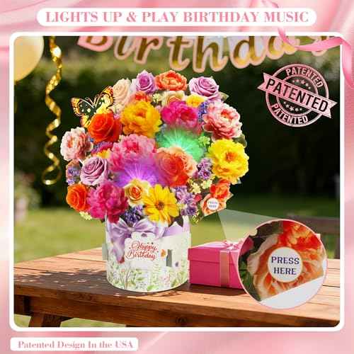 XTF2015 Birthday Cards with MUSIC & LIGHTS, Happy Birthday Card, Peony & Butterfly, 13 Inch Life Sized Forever Flower Bouquet 3D Pop Up Music Cards for Mom Daughter Women Wife