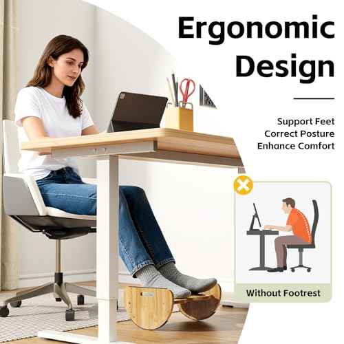 Ergonomic Under Desk Bamboo Footrest, 2-in-1 Reversible Rocking Footrest, 4 Adjustable Heights Office Footstool, Large Anti-Slip Surface, Improves Posture and Blood Circulation (Bamboo Footrest)