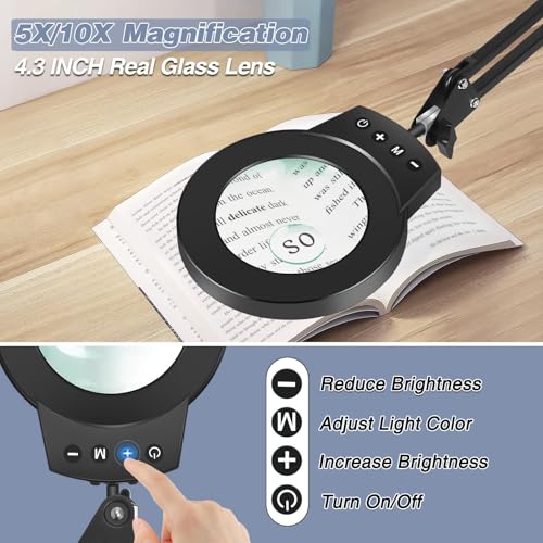NOEVSBIG Desk Magnifying Glass with Light 10+5X Desktop Lamp Close Work Up for Table Crafting, Reading, Sewing, Panting, Soldering, Ultra Long 3-Section Swing Arm Design for Large Workbench