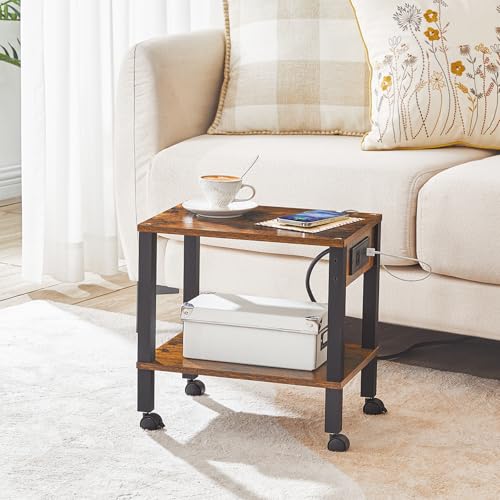 HOOBRO 15"L x 11"W x 15"H Rustic Brown & Black 2-Tier Printer Stand with Charging Station
