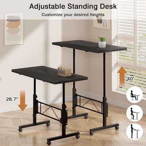 VECELO Small Standing Desk Adjustable Height, Mobile Computer Workstations with Wheels, Portable Rolling Laptop Table for Walking Pad, Home Office, Dark Black