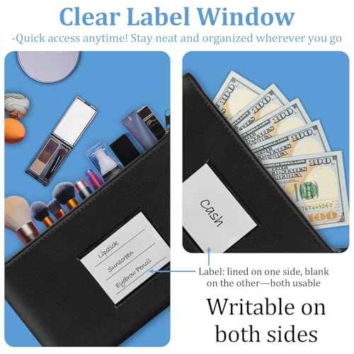 2 Pack Money Bags with Zipper, Bank Pouch with Label, 11 x 6.1 Inch PU Leather Cash Deposit Holder for Coins, Invoice, Bills, Cosmetics, Tools (Black)