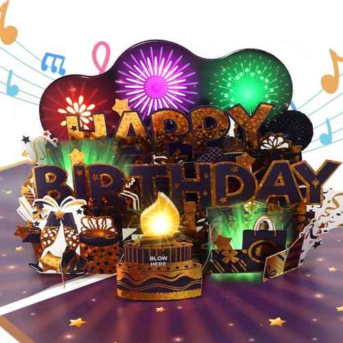 Musical Birthday Cards, Music & Firework Lights Birthday Card for Men, 3D Pop-up Blowable Candle Happy Birthday Card/Gift for Men, Women, Kids, Boys, Girls, Husband, Grandson