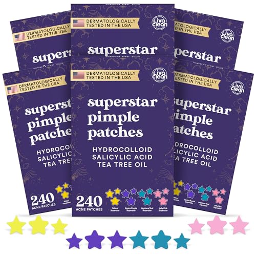 LivaClean 1440 CT (6 Pack of 240) Superstar Acne Patches w/Salicylic Acid & Tea Tree, Star Pimple Patches for Face Stars Hydrocolloid Acne Patch Cute Zit Patch for Face Healing Sticker