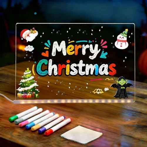LED Note Board with Colors, 11.8"X7.9" Acrylic Dry Erase Board with Light, Light Up Message Board with Stand, 7 Markers and Soft Cloth, for Home Office Kitchen Christmas Decor