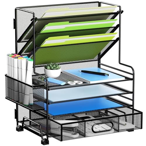 4-Tier Paper Organizer + 3-Pocket File Holder + Drawer + Pen Holders, Desktop File Organizers Paper Tray for Office Accessories School Classroom Organization (Black)