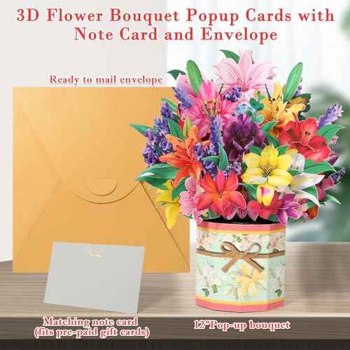 Paper Flower Pop Up Cards, Lilies Flower Bouquet Card Popup 3D Greeting Cards for Mother's Day, Graduation, Anniversary, Birthday, Congratulations, Get Well, Home Decor, with Envelope and Note
