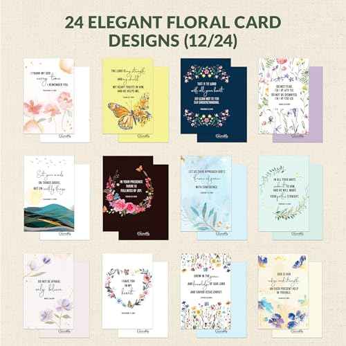 Decorably 24 Pack Gold Foil 4x6in Assorted Christian Thinking of You Cards Religious with Envelopes & Stickers, 24 Floral Designs Religious Thinking of You Cards with Envelopes, Printed Message Inside