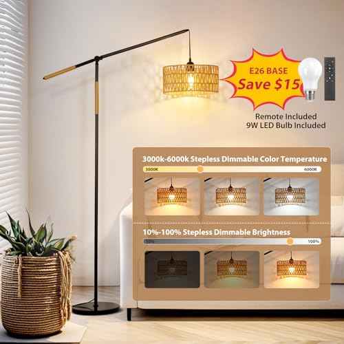 Arc Boho Floor Lamp: 68" Rattan Tall Lamps with Remote and APP Control - Standing Black Floor Lampara with Dimmable LED Bulb for Living Room, Bedroom, Office and Nursery