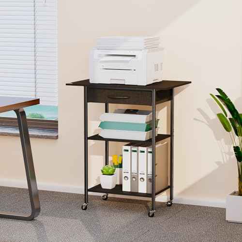 3-Tier Printer Stand, Printer Table with Fabric Drawer, Industrial Printer Storage Cart with Wheels, Rolling Printer Stand for Heat Press Scanner Fax, Black