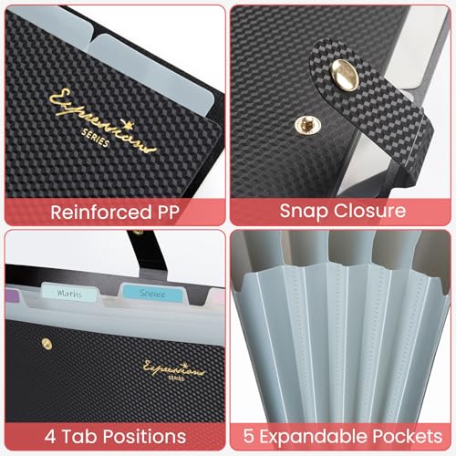 Sooez Black Accordion File Organizer 5 Pockets A4 Size Expanding Folder