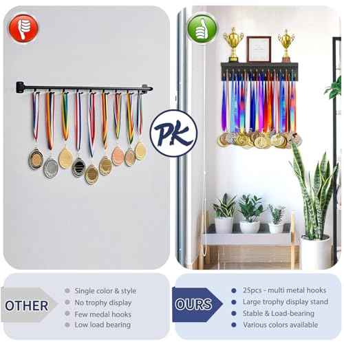 Medal Holder Display Trophy Shelf Organizer, Sturdy Wooden Race Award Hanger Rack with 25 Steel Hooks, Wall Mount Storage Stand for Sports Fans, Cheer Success