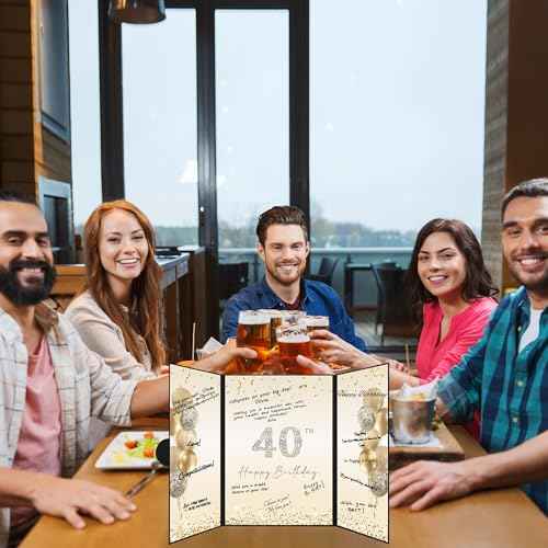 DARUNAXY Black Gold 40th Birthday Party Decorations, Happy 40th Birthday Alternative Signature Guest Book for Men Women 40 Years Old Table Sign Picture Frame Gift 40 Birthday Card Board Party Supplies