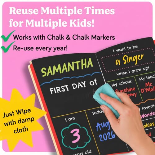Funcils Book Board First Day of School Sign with 3 Chalk Markers - Kindergarten & Preschool Class Photo Prop