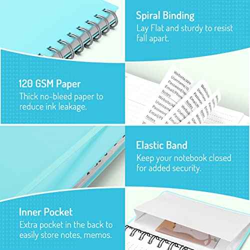 Forvencer Password Book with Individual Alphabetical Tabs, 4"x5.5" Small Password Notebook, Spiral Password Keeper, Internet Address and Password Organizer, Password Logbook for Home Office, Sky Blue