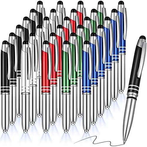 Zonon 30 Pieces LED Ballpoint Pen with Stylus Tip 1.0 mm Black Ink Metal Stylus Pen for Touch Screens, 3 In 1 Multi-Function Capacitive(Multiple Colors)
